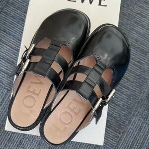 Loewe Black Leather Caged Buckle Mules with Tan Insole
